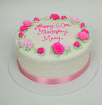 MaArthur's Bakery Custom Cake with Border of Roses, Polka dots, Pink Fabric Trim