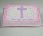 MaArthur's Bakery Custom Cake with Background Sprayed Pink, Purple and Pink Cross and Scrolling