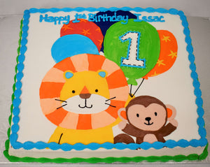 McArthur's Bakery Custom Cake with Monkey, Lion, Balloons.