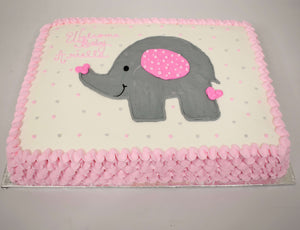 McArthur's Bakery Custom Cake with Gray Elephant, Pink Polka Dots and Pink Ruffle Sides
