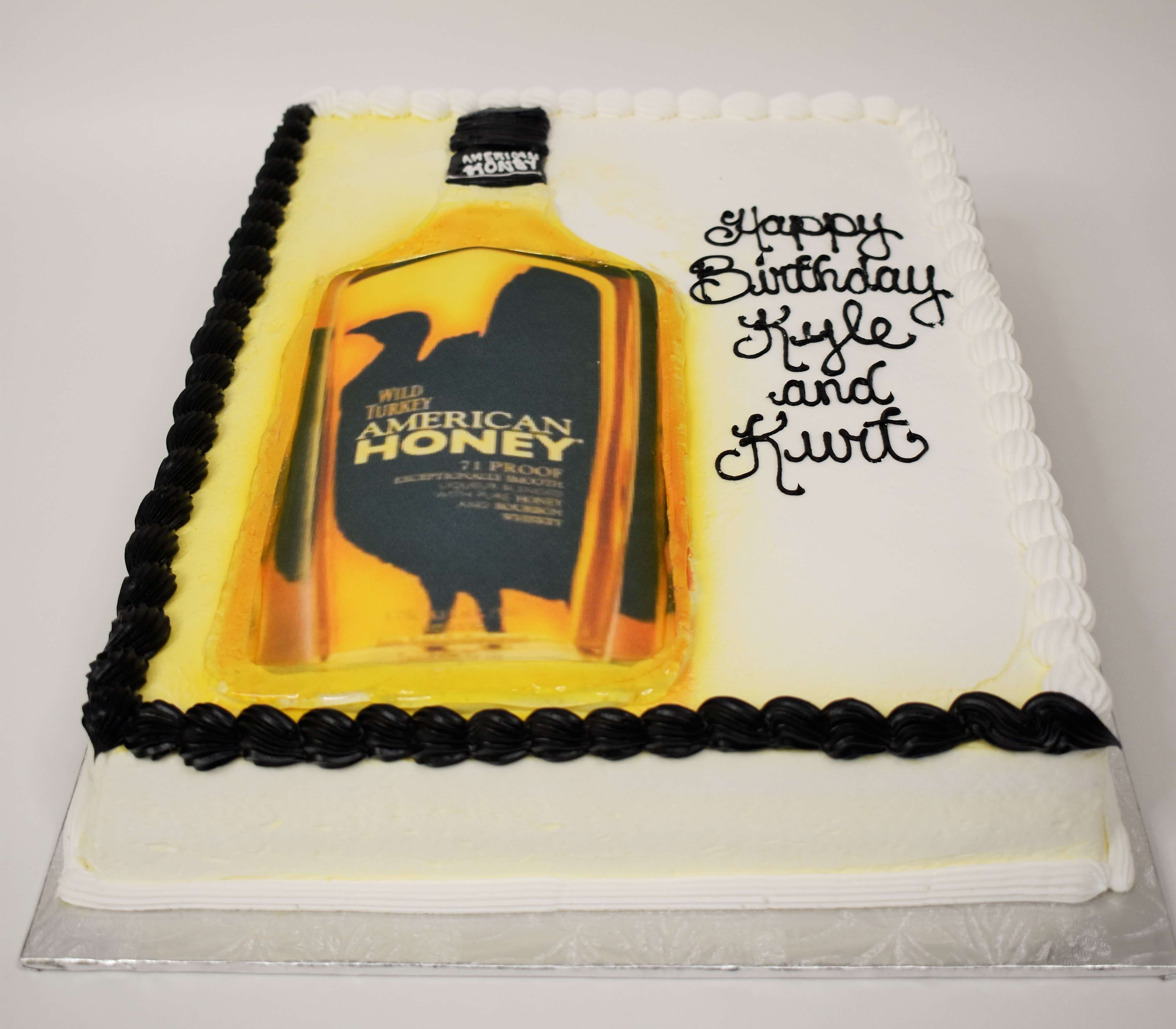 McArthur's Bakery Custom Cake with American Honey, Bottle, Yellow, Black.