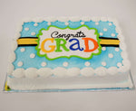 MaArthur's Bakery Custom Cake with Polka Dots, Banner, Blue Background, Yellow Stripe