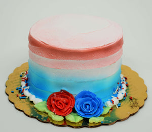 MaArthur's Bakery Custom Cake with Sprayed Red, White and Blue with a Red and Blue Rose