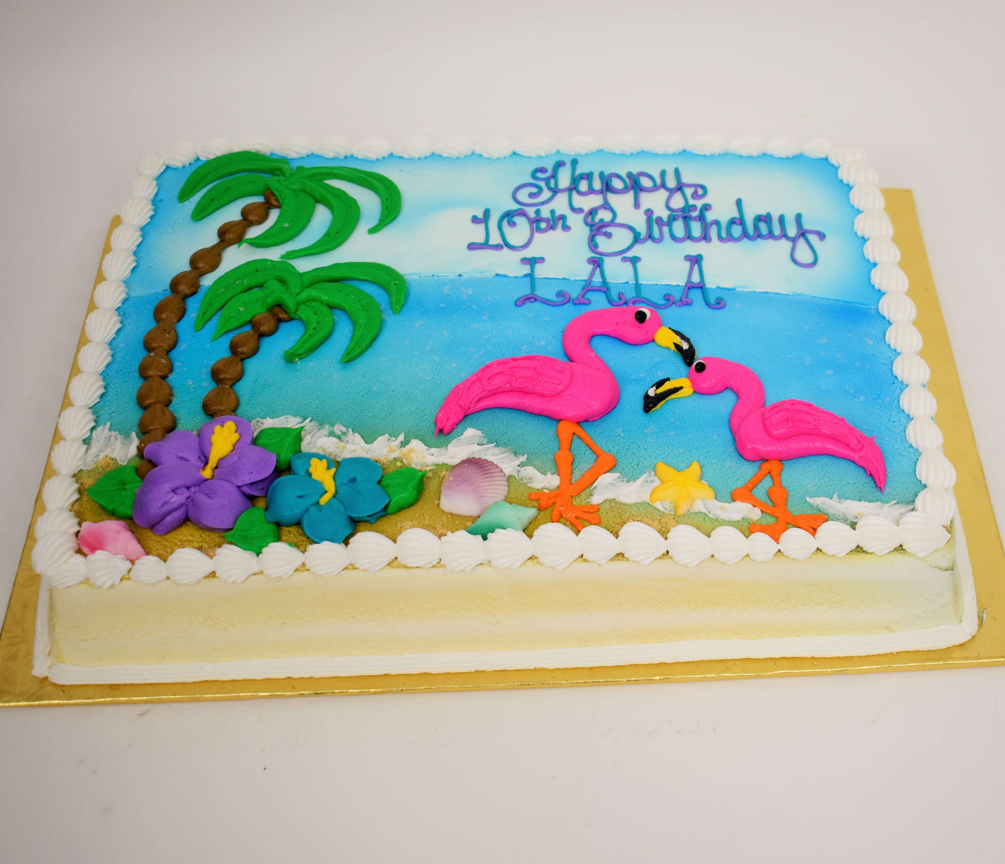 MaArthur's Bakery Custom Cake with 2 Flamingos, Beach, Ocean and Palm Trees