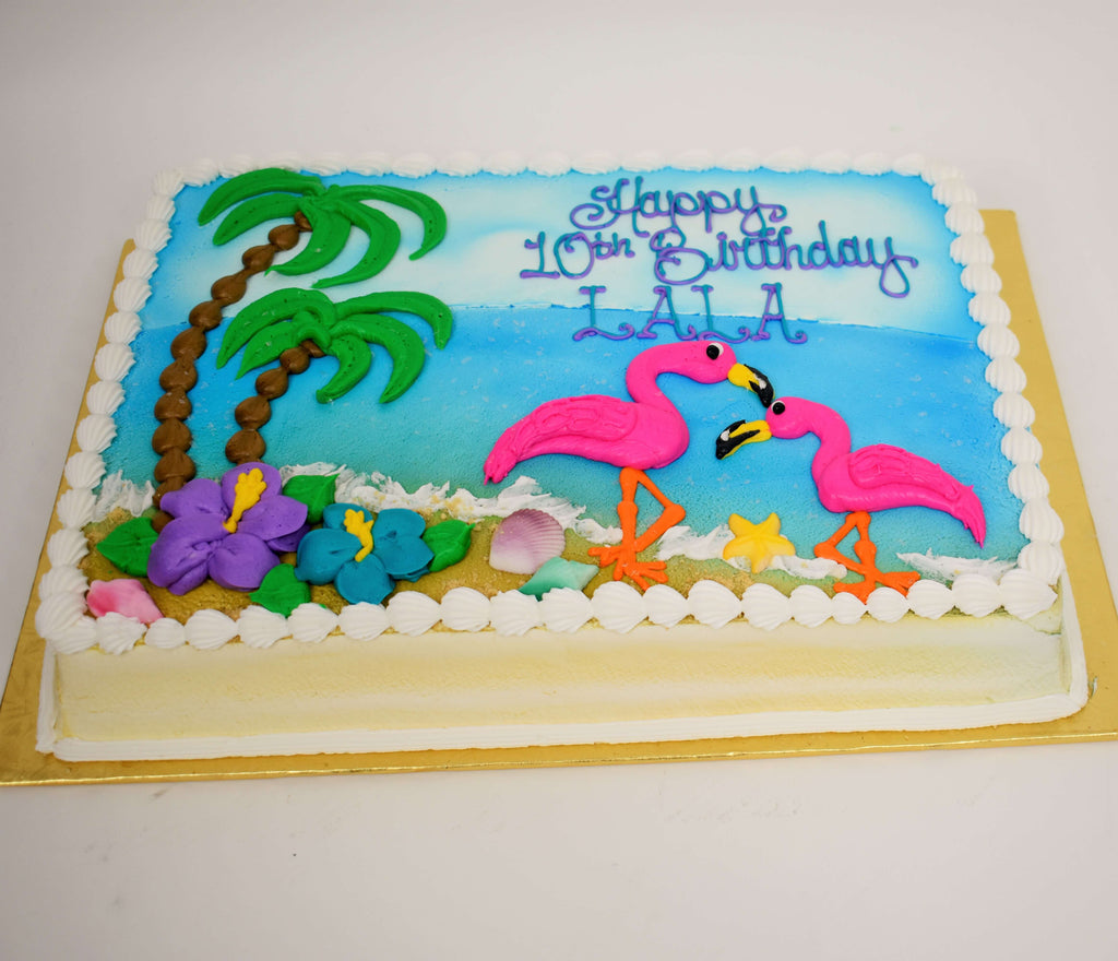 MaArthur's Bakery Custom Cake with 2 Flamingos, Beach, Ocean and Palm Trees