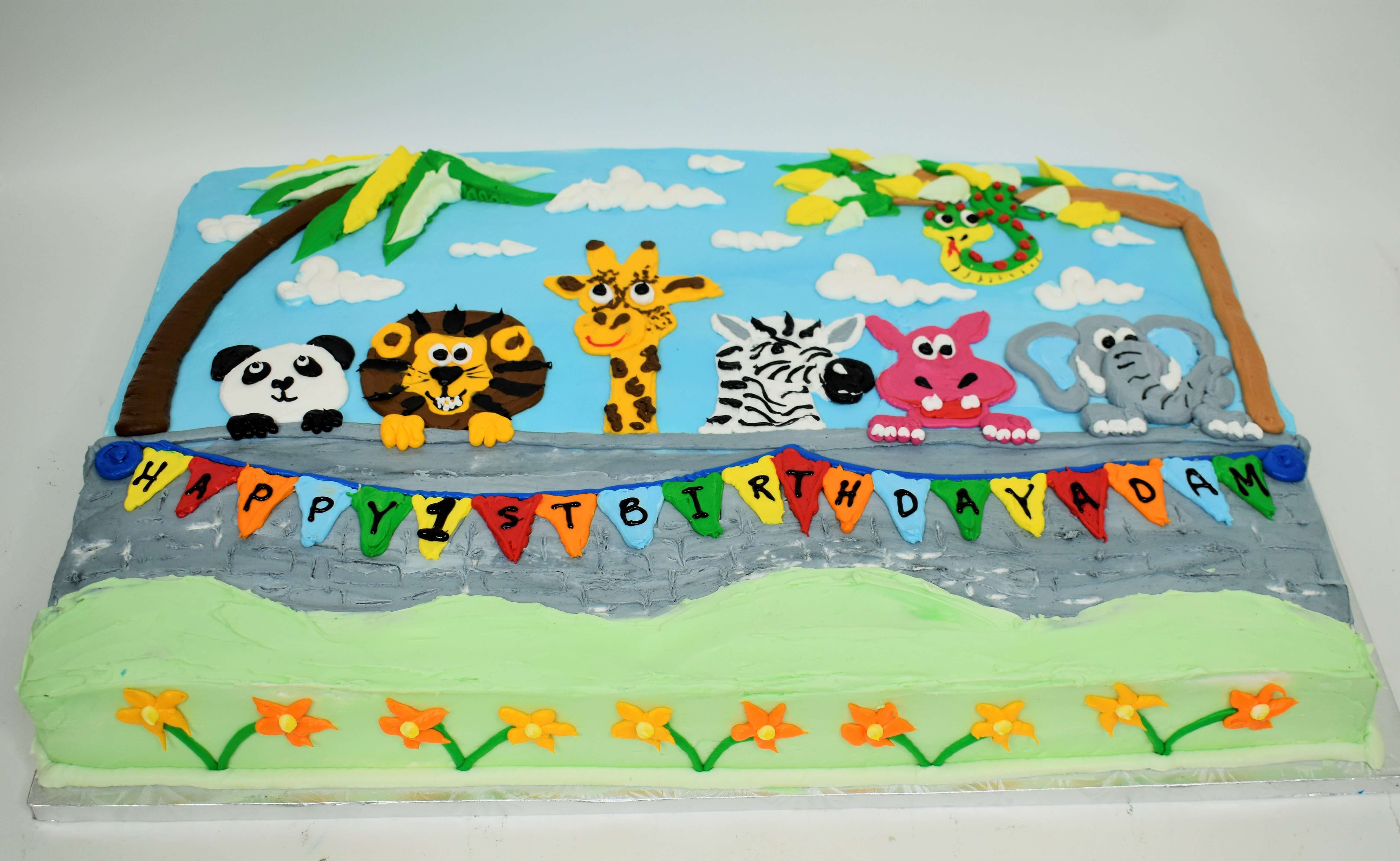 McArthur's Bakery Custom Cake with wild Animals, Palm Trees, Happy Birthday Banner