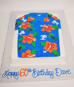 McArthur's Bakery Custom Cake with Hawaiian Shirt, Blue Shirt, Orange Flowers, White Palm Trees