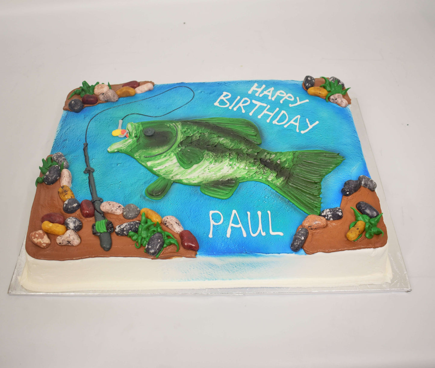 MaArthur's Bakery Custom Cake with Fish, Fishing Pole, Water, Rocks 