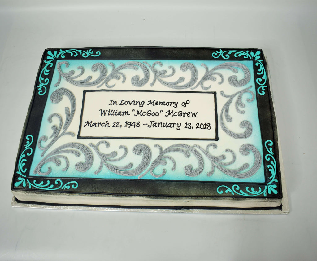 MaArthur's Bakery Custom Cake with Silver Scrolling, Teal Scrolling, Black Border, Plaque