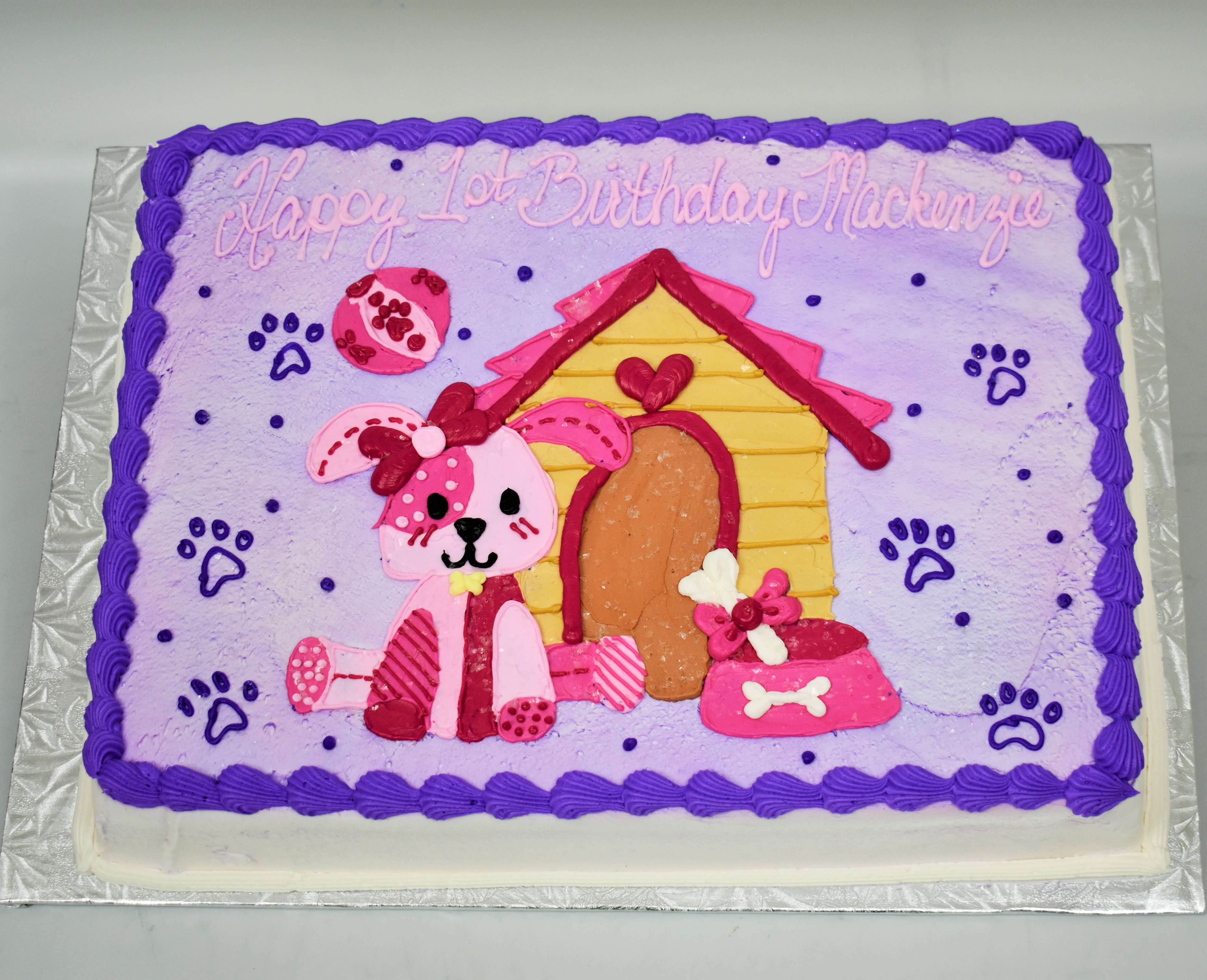 McArthur's Bakery Custom Cake with Dog, Patches, House, Paws, Dog Bowl, Purple, Pink