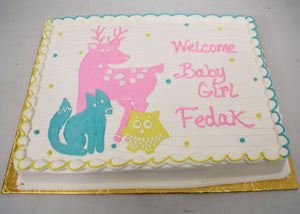 MaArthur's Bakery Custom Cake with Pink Deer, Yellow Owl, Blue Wolf
