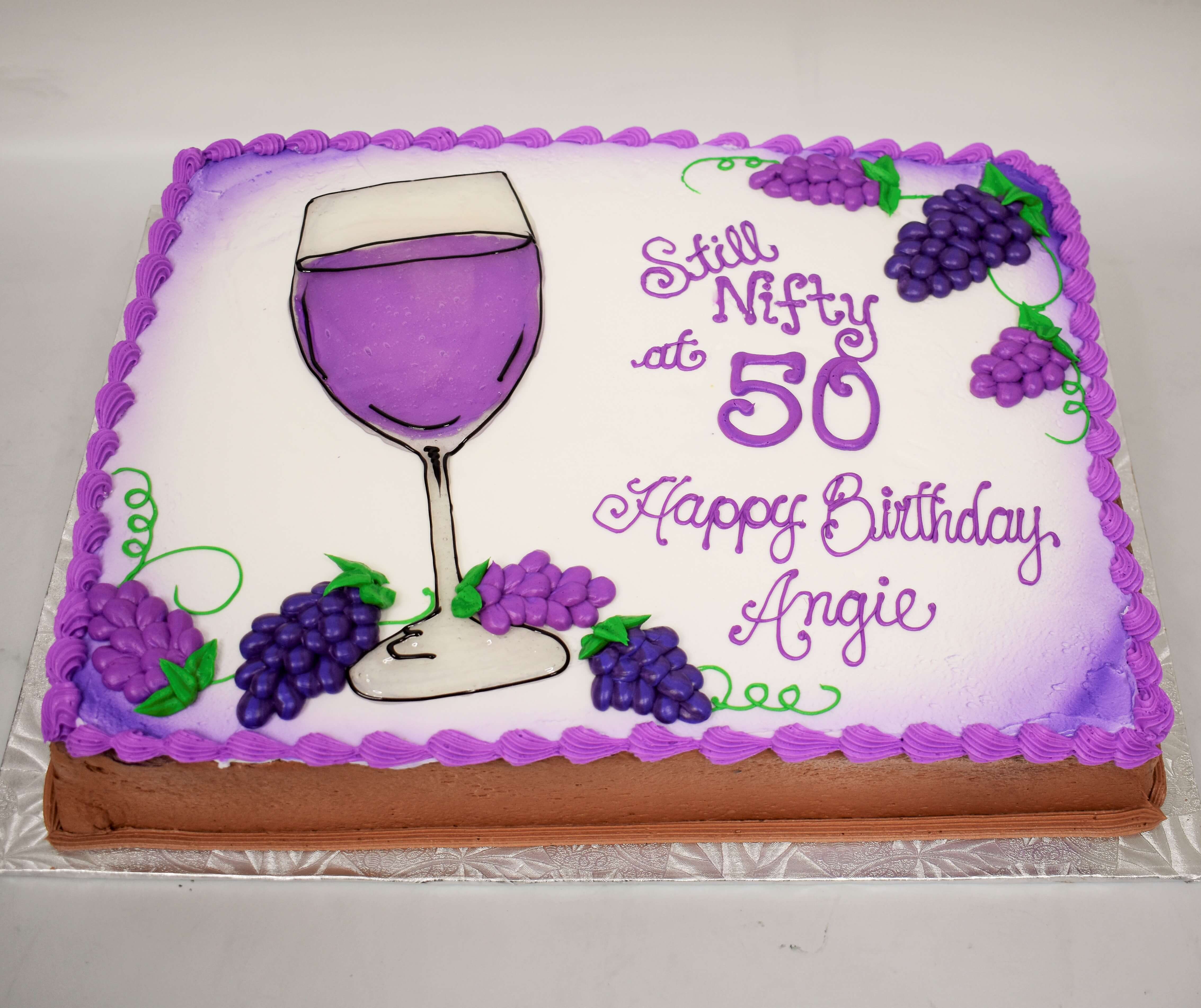 McArthur's Bakery Custom Cake with Red Wine Glass,  Purple Grapes and Still Nifty at Fifty