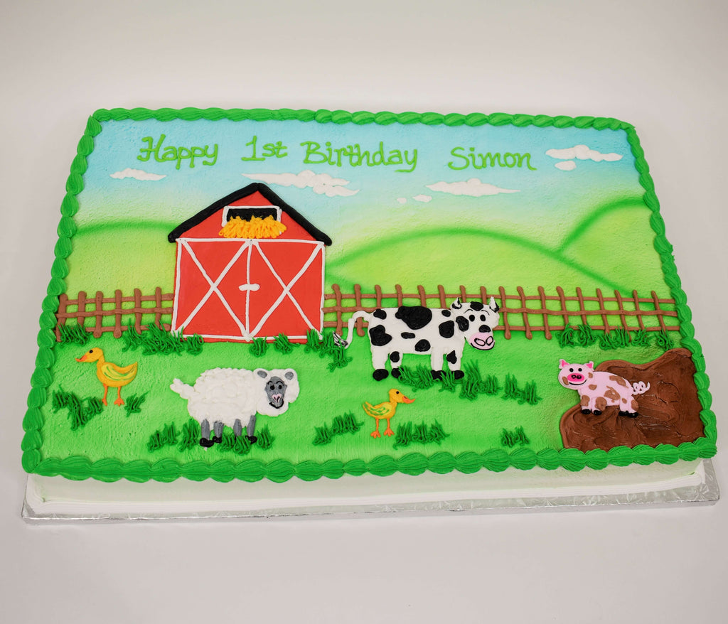 McArthur's Bakery Custom Cake with Red Barn, Cow, Pig, Duck, Farm Scene.