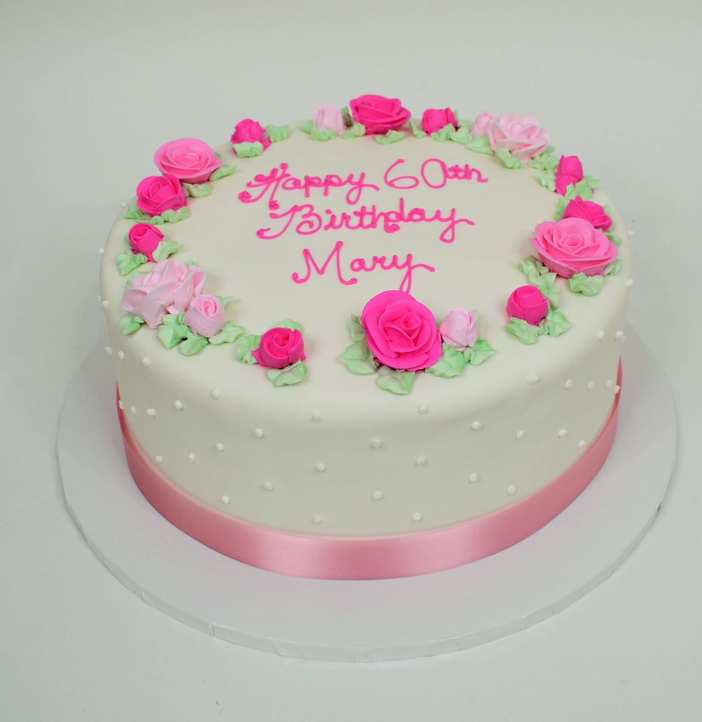 MaArthur's Bakery Custom Cake with Border of Roses, Polka dots, Pink Fabric Trim