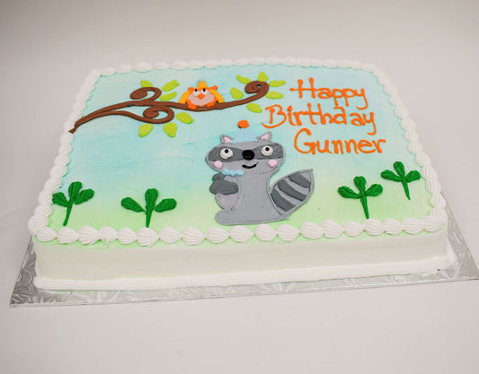 McArthur's Bakery Custom Cake with Racoon, Owl Sitting on a branch 