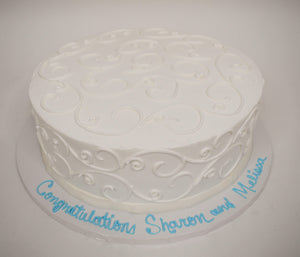 McArthur's Bakery Custom Cake with White Icing and White Scroll