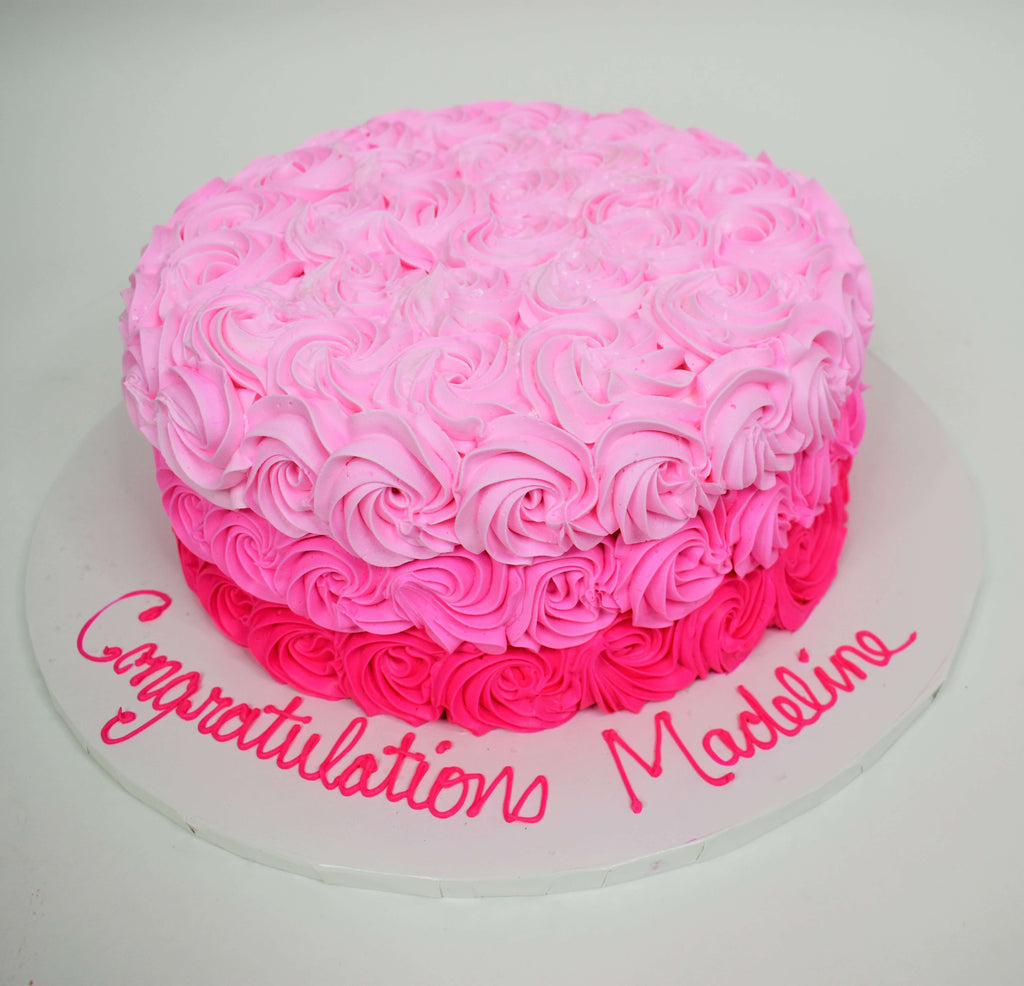McArthur's Bakery Custom Cake with Three Shades of Pink Rosettes, ombre, 
