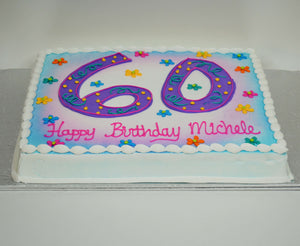 MaArthur's Bakery Custom Cake with Large number 60.  Flowers, Swirls, Polka Dots