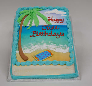 McArthur's Bakery Custom Cake with Palm Tree, Ocean, Beach and Towel.