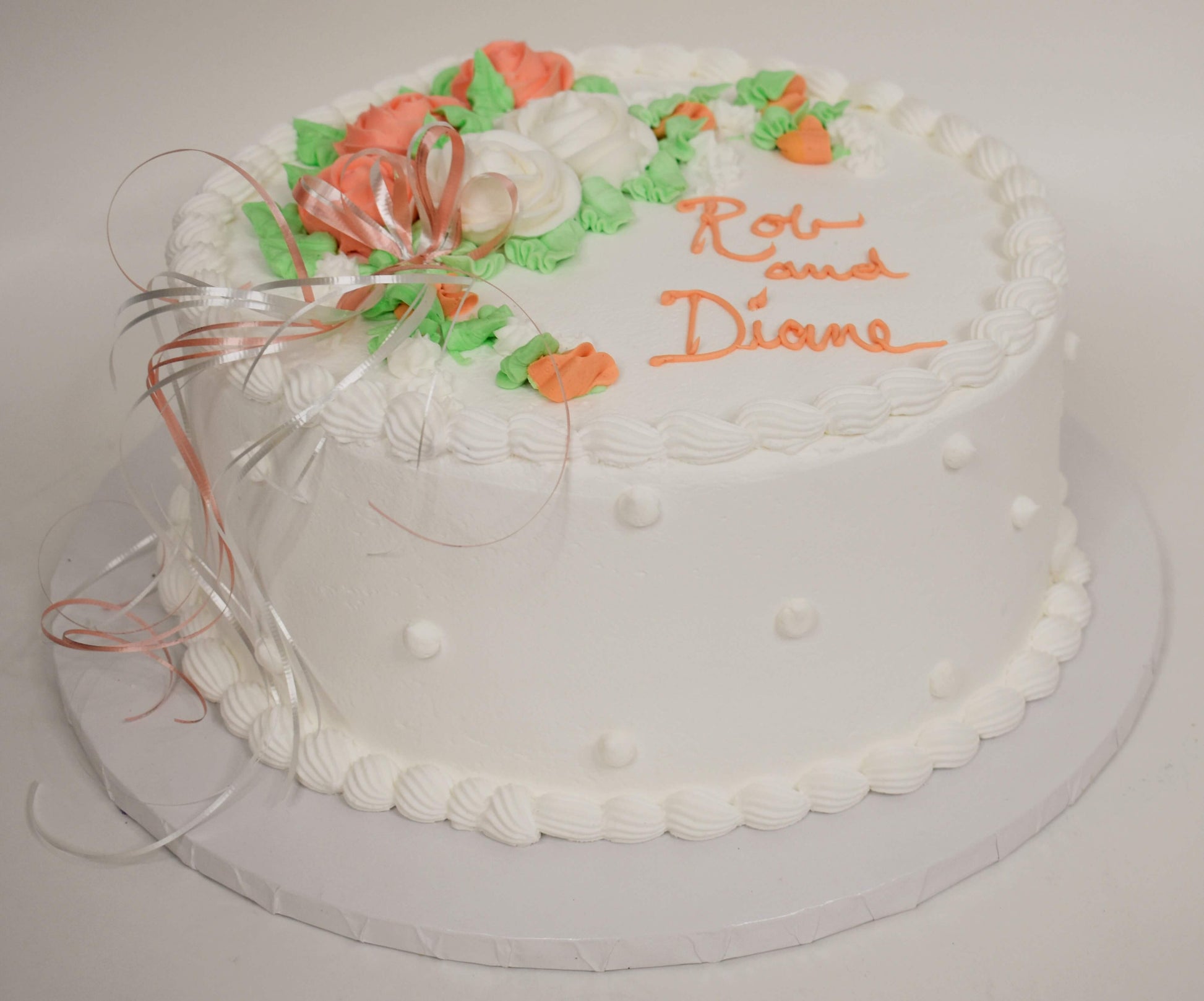 McArthur's Bakery Custom Cake With White, Orange, Roses, Ribbons