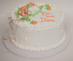McArthur's Bakery Custom Cake With White, Orange, Roses, Ribbons