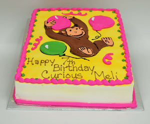 MaArthur's Bakery Custom Cake with Curious Geroge, Balloons, Pink, Green