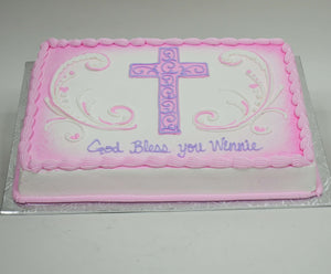 MaArthur's Bakery Custom Cake with Background Sprayed Pink, Purple and Pink Cross and Scrolling