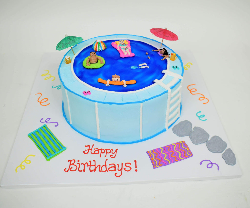MaArthur's Bakery Custom Cake with Swimming Pool, Kids, Towels, Pool Noodles, Raft