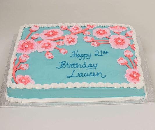 MaArthur's Bakery Custom Cake with Blue Background, Cherry Blossoms