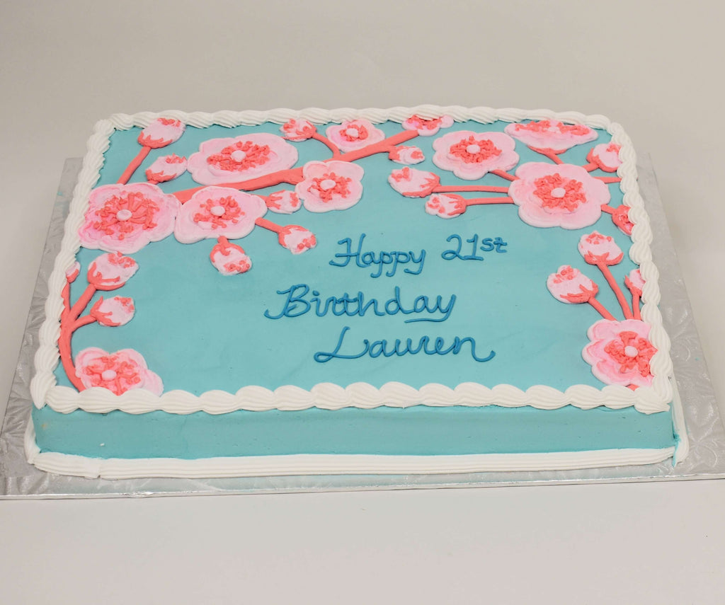 MaArthur's Bakery Custom Cake with Blue Background, Cherry Blossoms