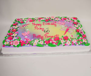 McArthur's Bakery Custom Cake with Bright Assorted Flowers, Dragonflys, Pinks, Greens and Reds