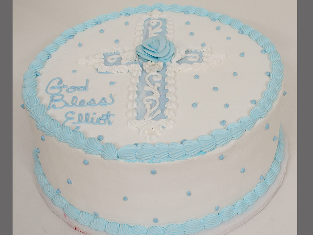 McArthur's Bakery Custom Cake with Religious Theme of Cross and Saying God Bless