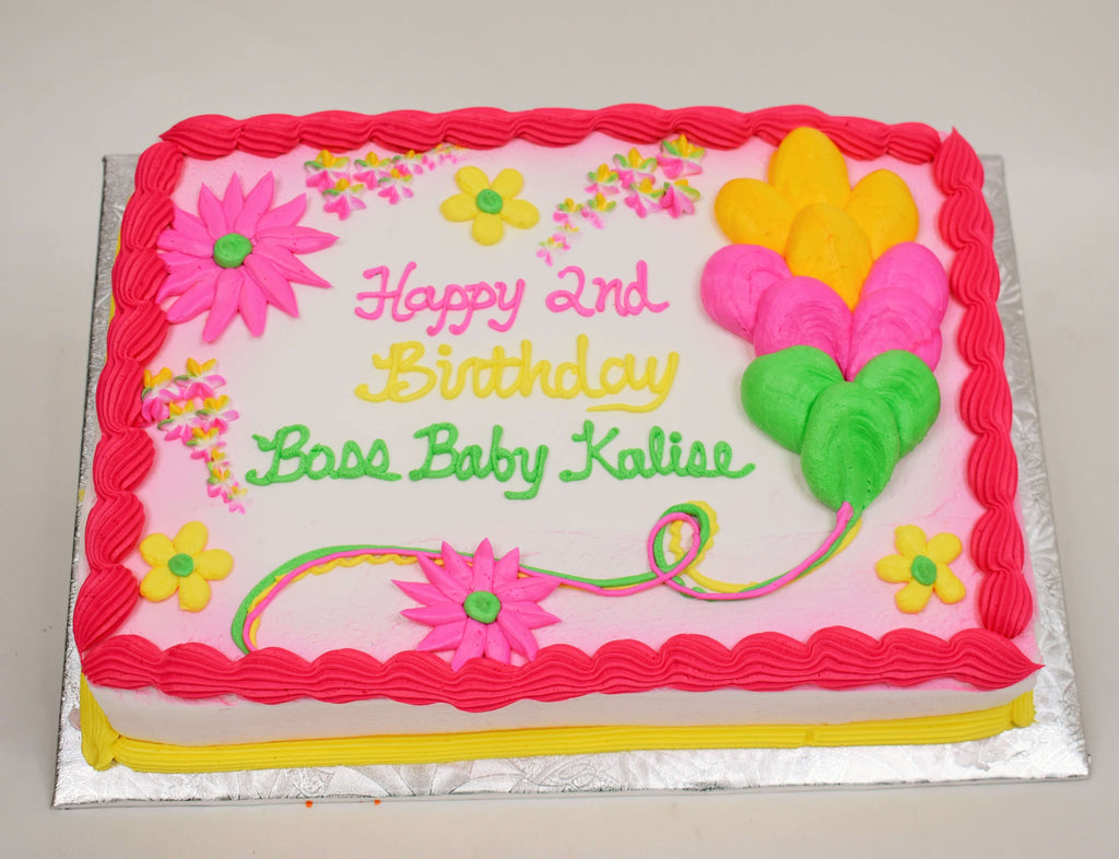 McArthur's Bakery Custom Cake with Pink and Yellow Flowers and Balloons