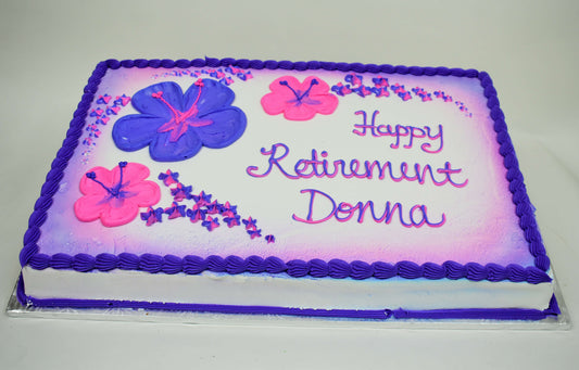 MaArthur's Bakery Custom Cake with Tropical Flowers, Pink, Purple.