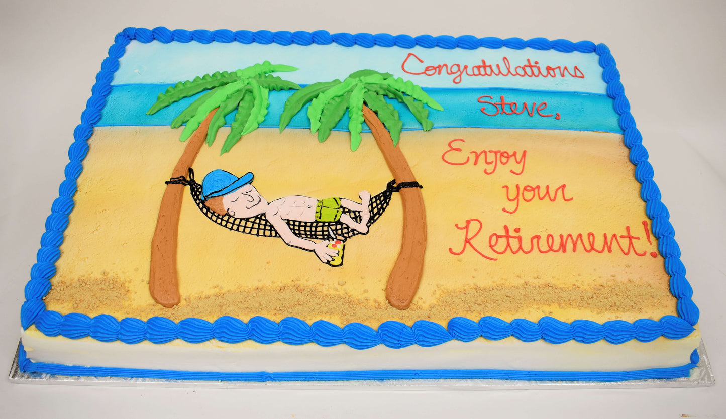 MaArthur's Bakery Custom Cake with Man, Hammock, Palm Trees, Beach