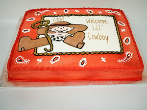 McArthur's Bakery Custom Cake with A Baby Cowboy and Lasso Welcoming A New Baby