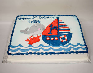 McArthur's Bakery Custom Cake with Sailboat, Whale, Crab, Ocean Waves