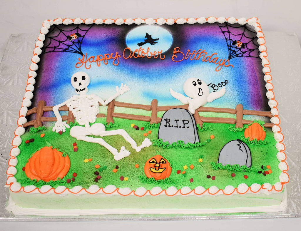 MaArthur's Bakery Custom Cake with Skeleton, Ghost, Tomb Stones, Pumpkins