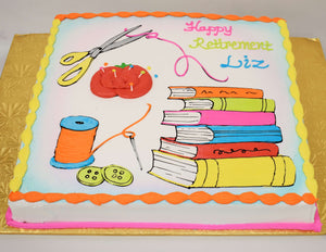 McArthur's Bakery Custom Cake with Needle, Thread, Books, Retirement
