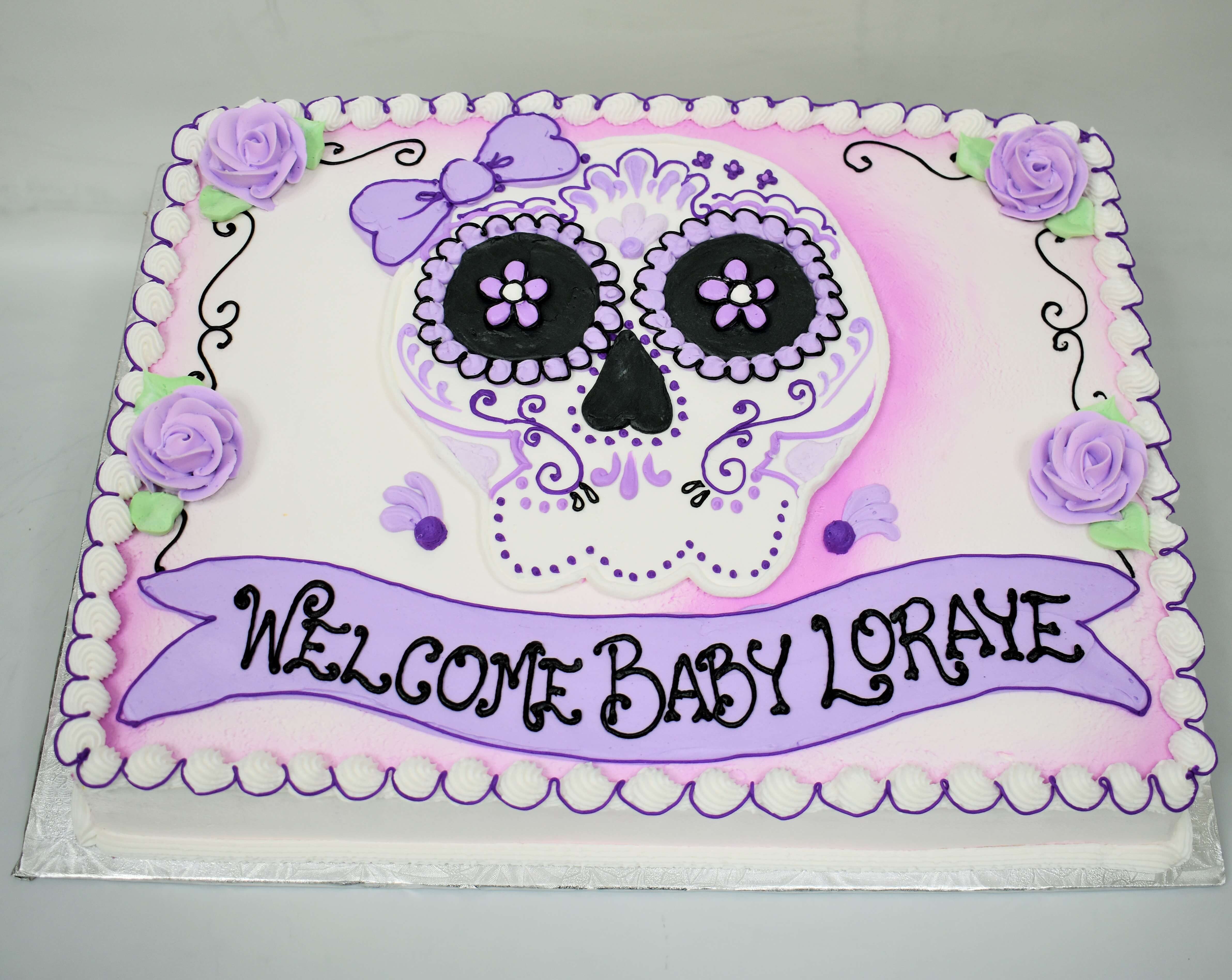 McArthur's Bakery Custom Cake with Sugar Skull, Purple, Bow, Roses. 