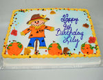 MaArthur's Bakery Custom Cake with Scarecrow, Pumpkins and Leaves