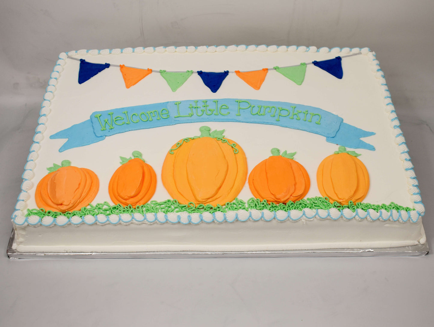 MaArthur's Bakery Custom Cake with Five Little Pumpkins, Flags and Banner