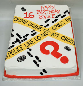 MaArthur's Bakery Custom Cake with Yellow Crime Scene Tape, Red Question Mark, Foot Prints