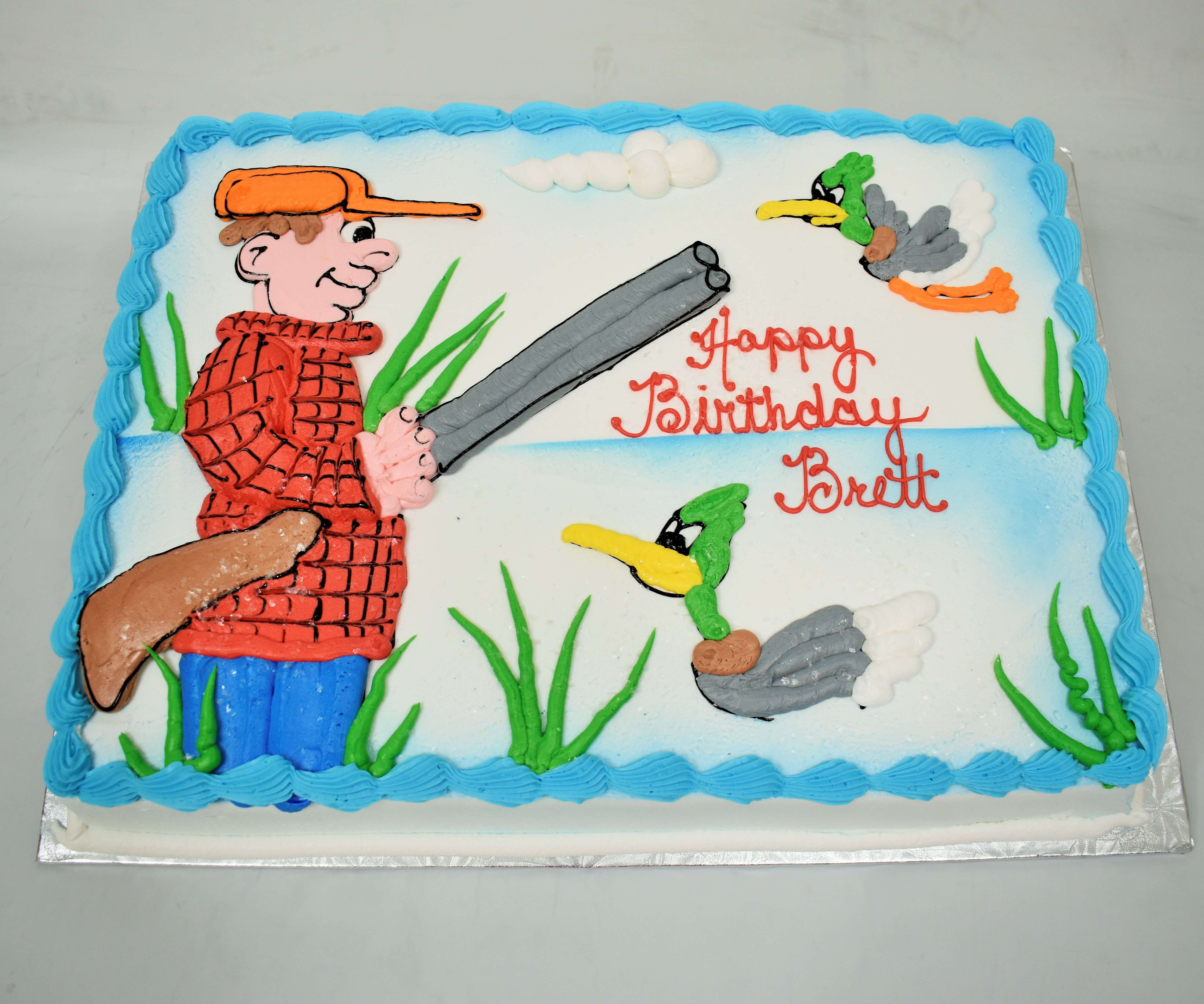 McArthur's Bakery Custom Cake with Man with Gun, Ducks, Lake background, Water Plants