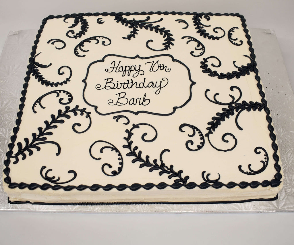MaArthur's Bakery Custom Cake Black Scrolling, White Background
