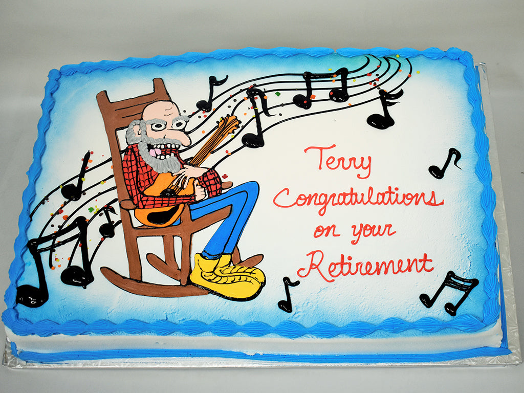 McArthur's Bakery Custom Cake with Grandpa in Rocking Chair Playing Guitar