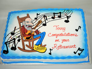 McArthur's Bakery Custom Cake with Grandpa in Rocking Chair Playing Guitar