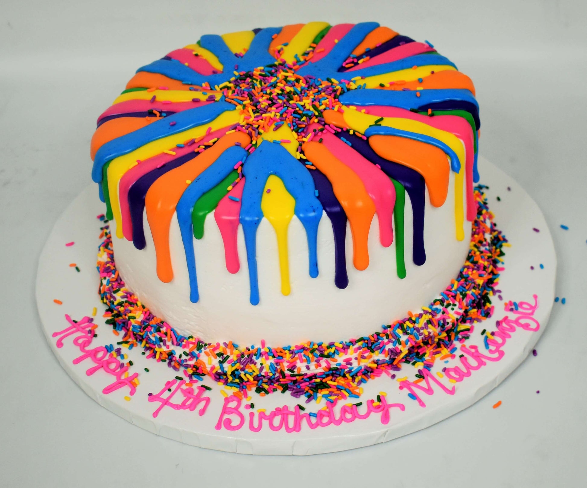 MaArthur's Bakery Custom Cake with Multi Colored Drip and Rainbow Confetti