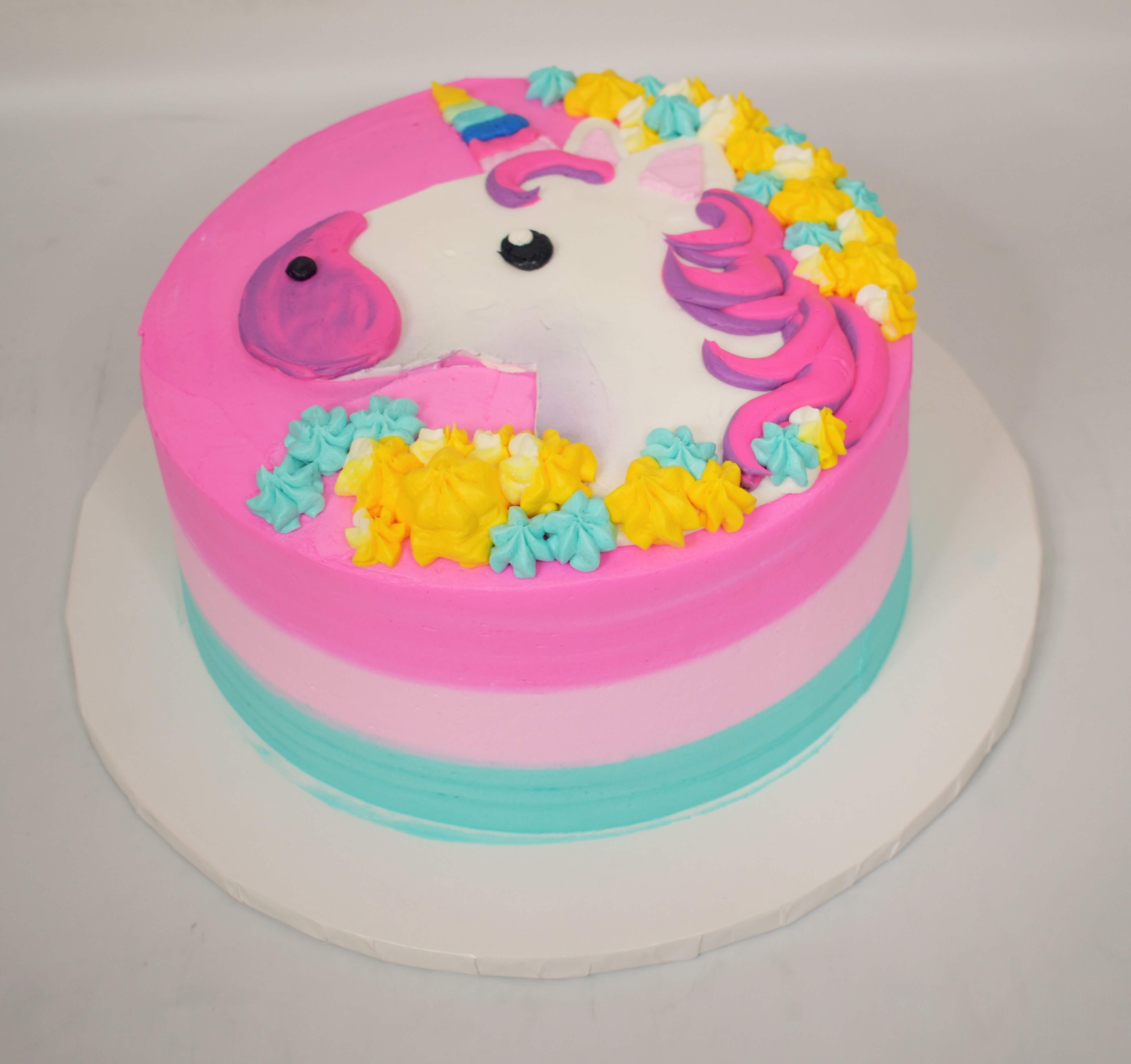 MaArthur's Bakery Custom Cake with Unicorn, Rainbow Horn, Pink Mane, Blue and Yellow Star Tip