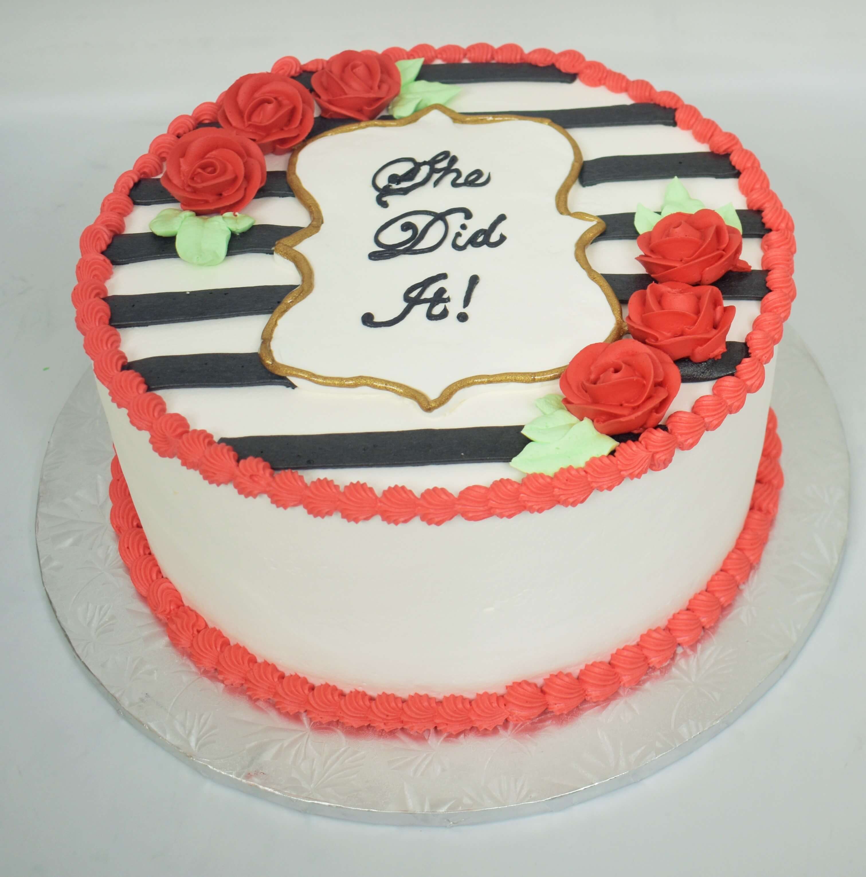 McArthur's Bakery Custom Cake with Black Stripes, Red Roses, Gold Rimmed Plaque